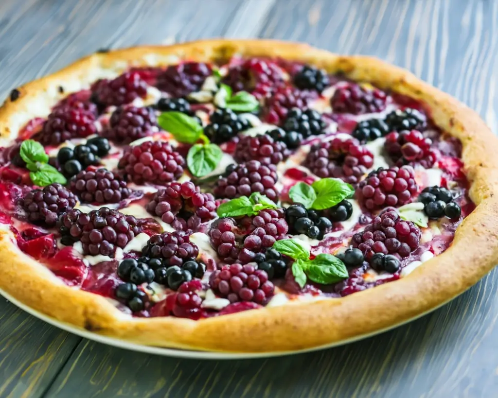 A freshly baked blackberry basil ricotta pizza topped with melted cheese, fresh basil leaves, and juicy blackberries on a wooden board.